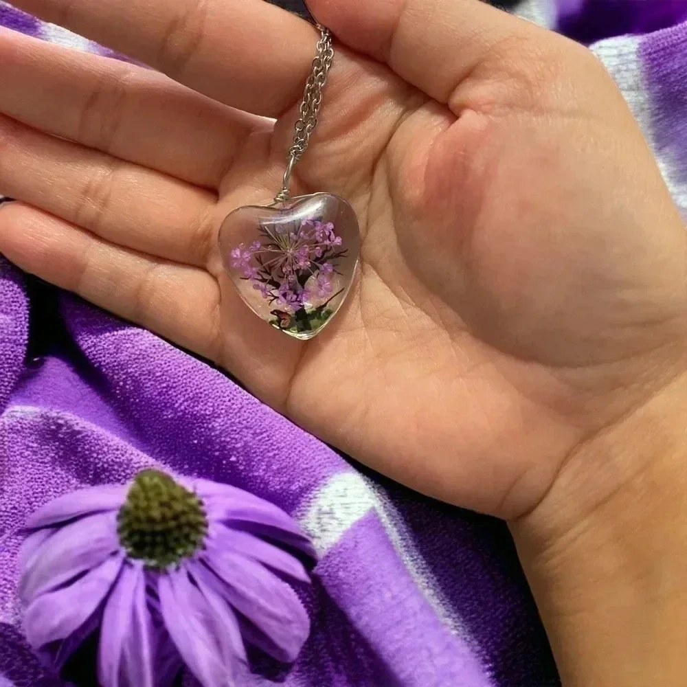 Resin Flower Pressed & Tree Heart Pendant Charm Stainless Steel Necklace